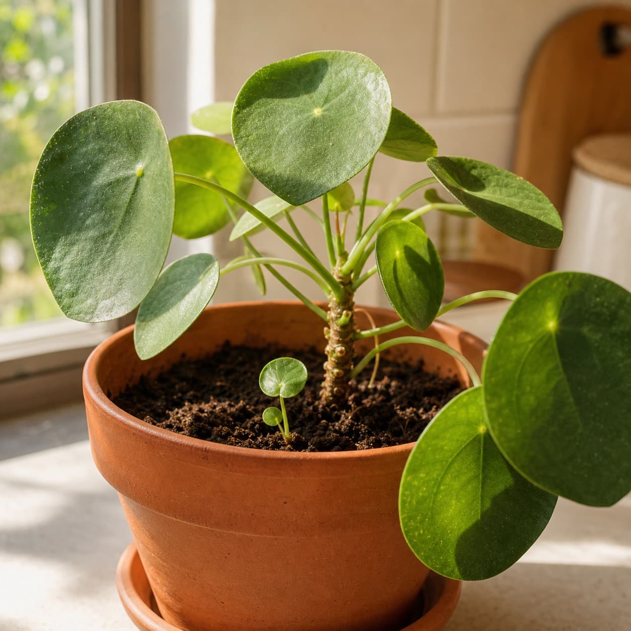 a pilea with a fresh pup on the kitchen counter in morning light