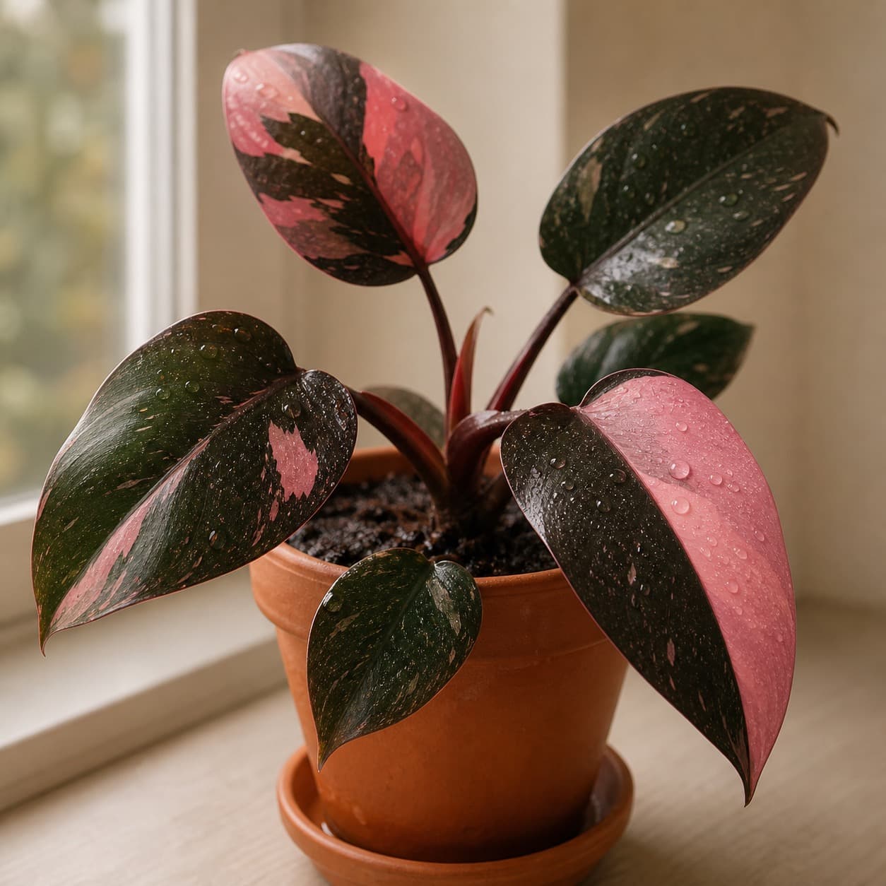 a pink princess philodendron on a windowsill, leaves still wet